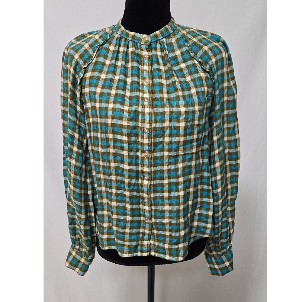 Pilcro Anthropologie women S button up plaid peasant shirt wool blend western